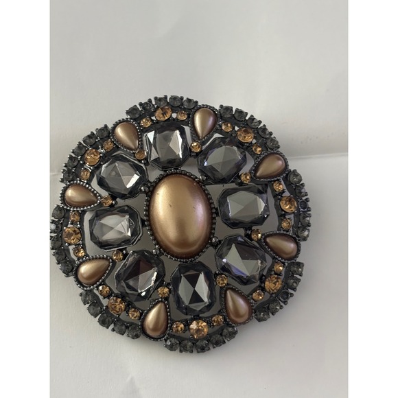 Monet Jewelry - Monet Vintage Round Brooch Gunmetal Smoky Grey & Amber-Tone Rhinestone Old Money